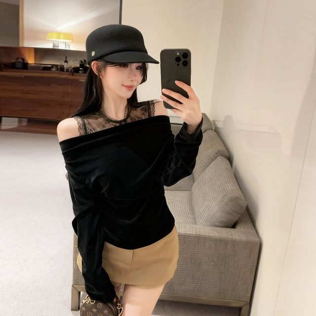 Cold Shoulder Velvet Top with Lace Panel