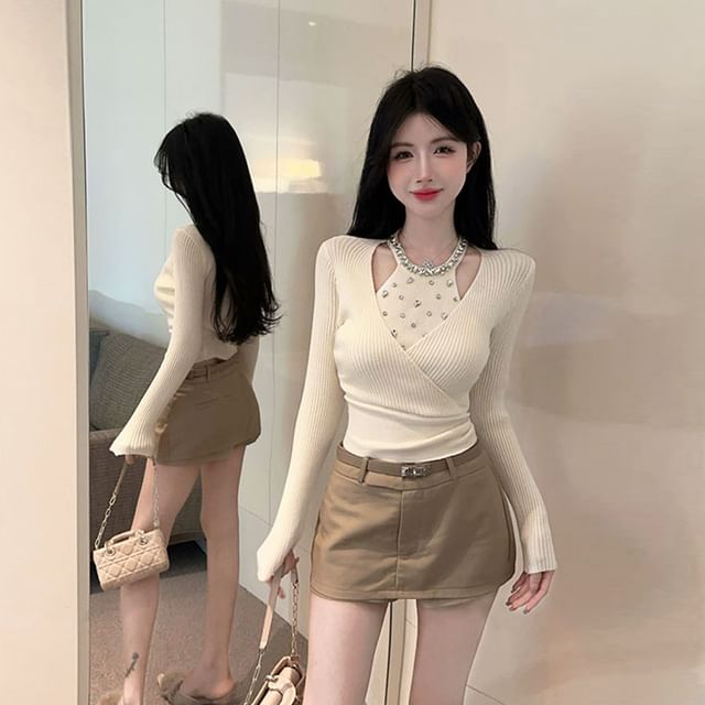 Rhinestone Knit Two-Piece Long Sleeve Top