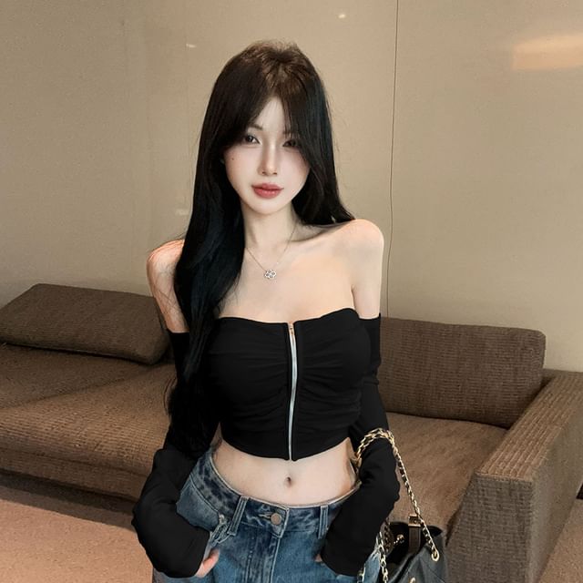 Zip-Up Off Shoulder Crop Long Sleeve Top