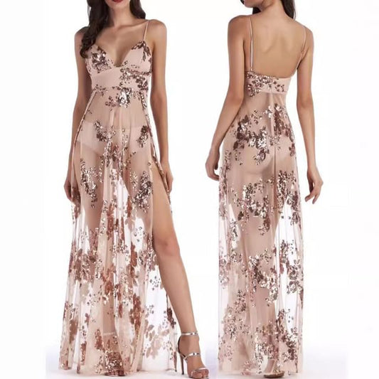 Spaghetti Strap V-Neck Sequin Open Back Sheer Slit Maxi A-Line Dress
