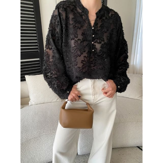 Long Sleeve Stand Collar Lace Overhead Shirt