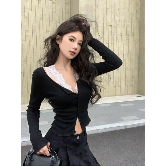 Ribbed Cardigan & Lace Tank Top Set