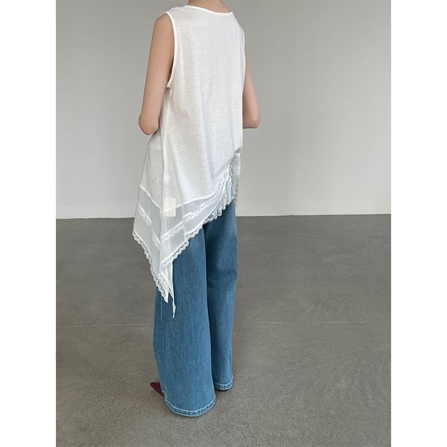 Sleeveless Lace Panel Asymmetrical Long Top