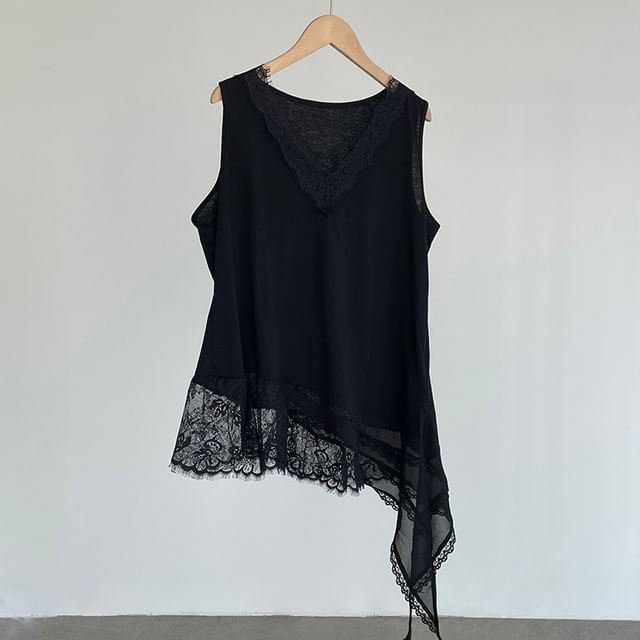 Sleeveless Lace Panel Asymmetrical Long Top