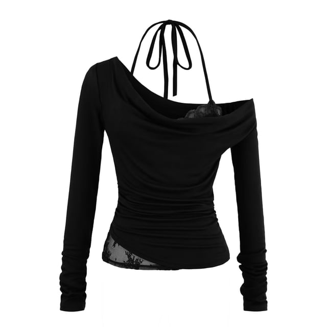 Mock Two Piece Cold Shoulder Long Sleeve Lace Panel Crop Top
