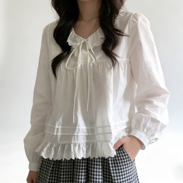 Elegant Lace Collar Long-Sleeve Blouse