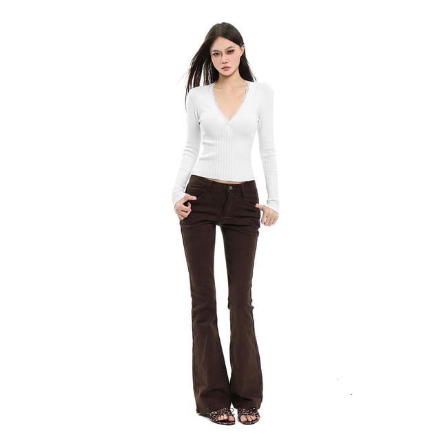 V-Neck Ribbed Knit Top with Lace Trim Sleeves