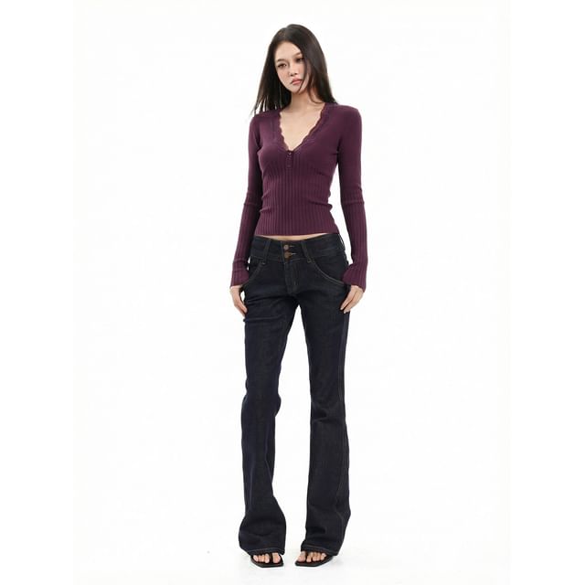 V-Neck Ribbed Knit Top with Lace Trim Sleeves
