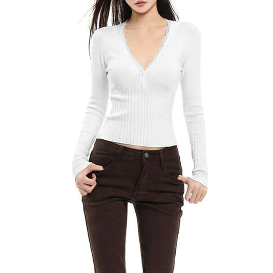 V-Neck Ribbed Knit Top with Lace Trim Sleeves
