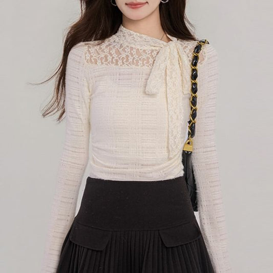 Mock Neck Lace Panel Ruched Slim Fit Top