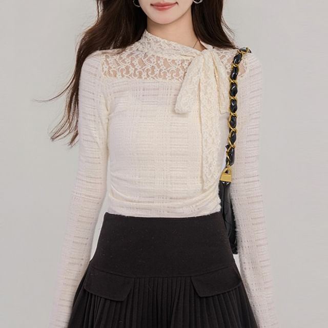 Mock Neck Lace Panel Ruched Long-Sleeve Top