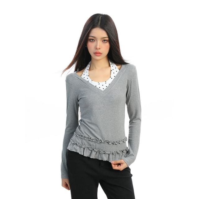 Halter Neck Polka Dot Frill Trim Long-Sleeve Tee