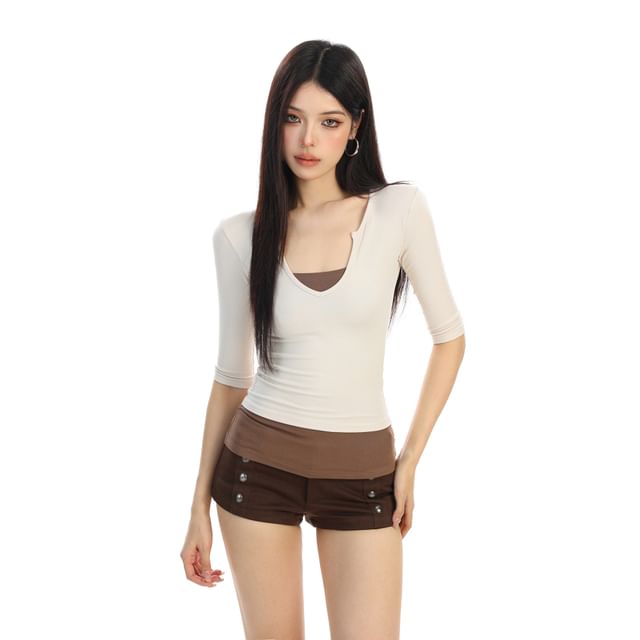 Two-Tone Notch Neck Slim-Fit Tee with Mock Layers