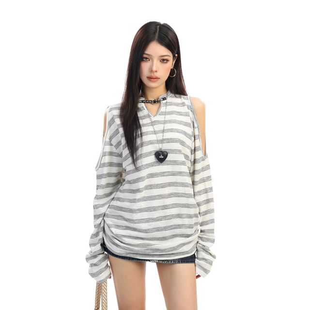 Notch Neck Cold Shoulder Striped Buckle Tee