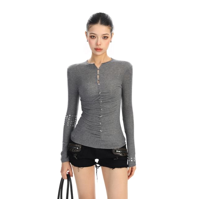Notch Neck Rhinestone Accent Ruched Long-Sleeve Tee