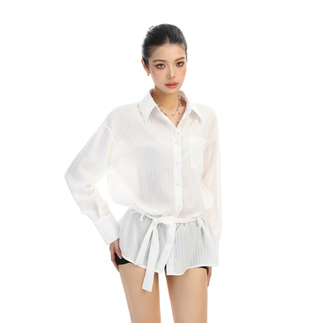 Collared Striped Tie-Waist Long-Sleeve Blouse