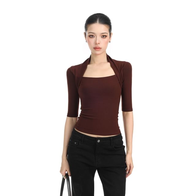 Square Neck Slim-Fit Cropped Tee with Three-Quarter Sleeves