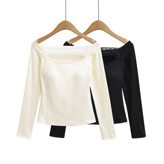 Off-Shoulder Lace Cutout Slim Fit Crop Tee Long Sleeve