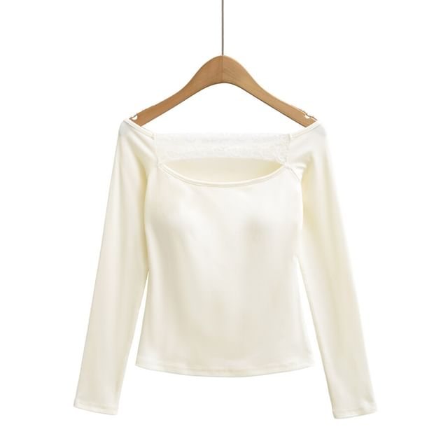 Off-Shoulder Lace Cutout Slim Fit Crop Tee Long Sleeve
