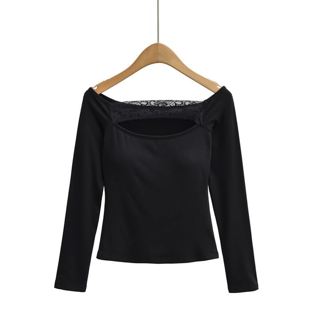 Off-Shoulder Lace Cutout Slim Fit Crop Tee Long Sleeve