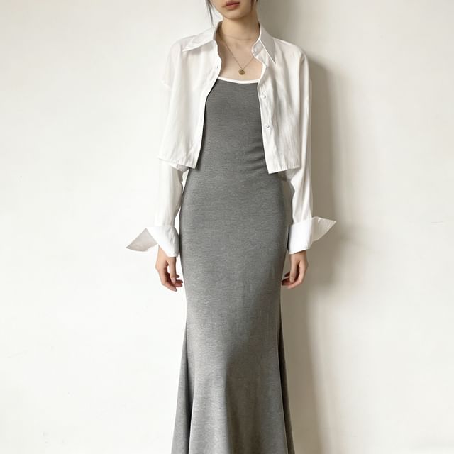 Set: Long-Sleeve Button-Up Plain Crop Shirt + Spaghetti Strap Contrast Trim Maxi Mermaid Dress