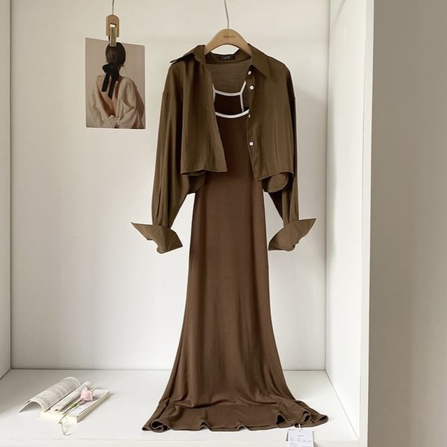 Set: Long-Sleeve Button-Up Plain Crop Shirt + Spaghetti Strap Contrast Trim Maxi Mermaid Dress