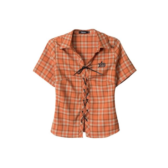 Plaid Collared Lace-Up Short Sleeve Shirt