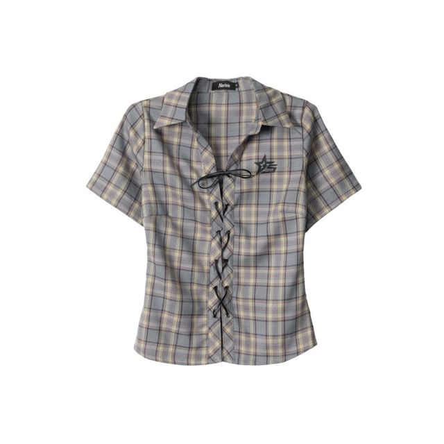 Plaid Collared Lace-Up Short Sleeve Shirt