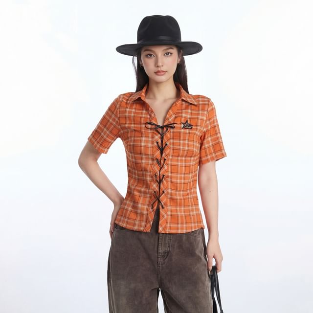 Collared Plaid Lace Up Shirt Short Sleeve