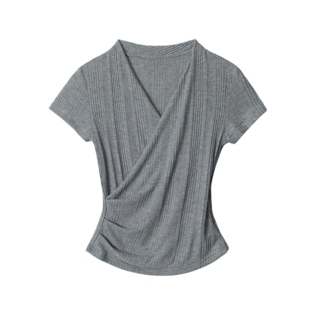 Ribbed V-Neck Wrap Top with Short Sleeves