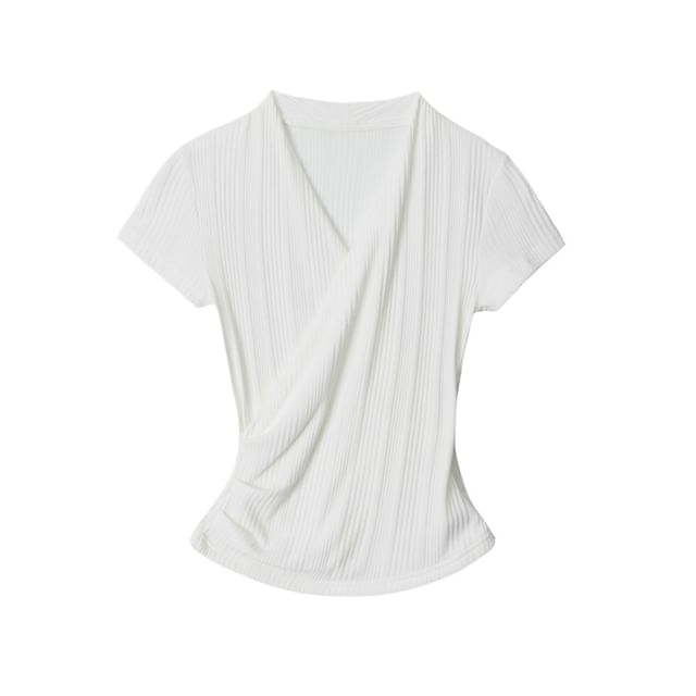 Ribbed V-Neck Wrap Top with Short Sleeves