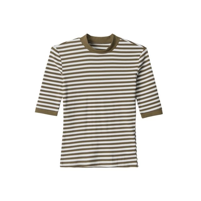 Breton Striped Mock Neck Knit Top with Elbow Sleeves