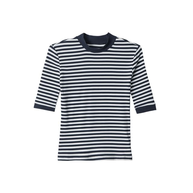 Breton Striped Mock Neck Knit Top with Elbow Sleeves