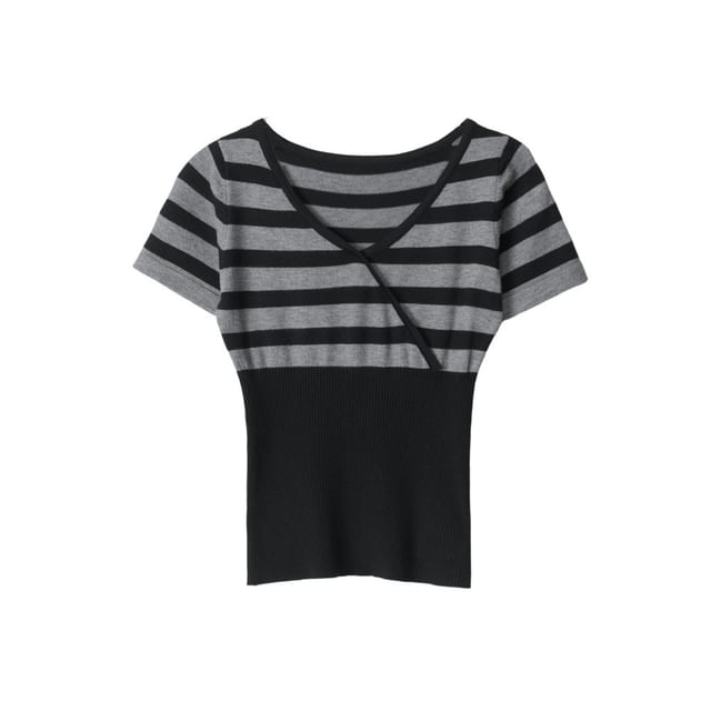 Striped Wrap Knit Top with V-Neck and Short Sleeves