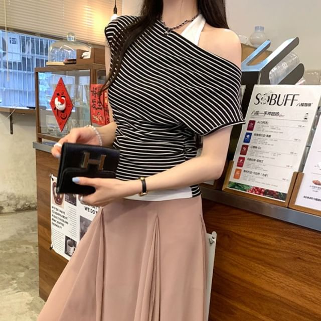 Halter Striped Two-Piece Short Sleeve Top