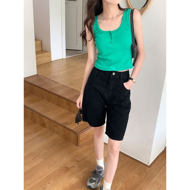 Buttoned Scoop Neck Tank Top