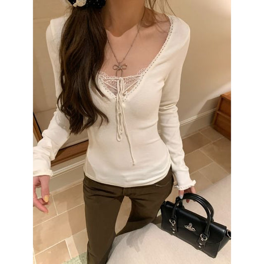 V-Neck Lace Up Panel Top Long Sleeve