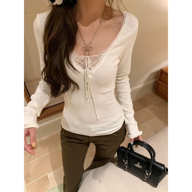 Lace-Up Panel V-Neck Long Sleeve Lace Top