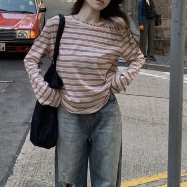 Contrast Stitch Striped One Shoulder Long Sleeve Top