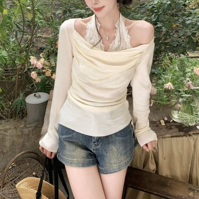 Cold Shoulder Ruched Two-Piece Lace Knit Top