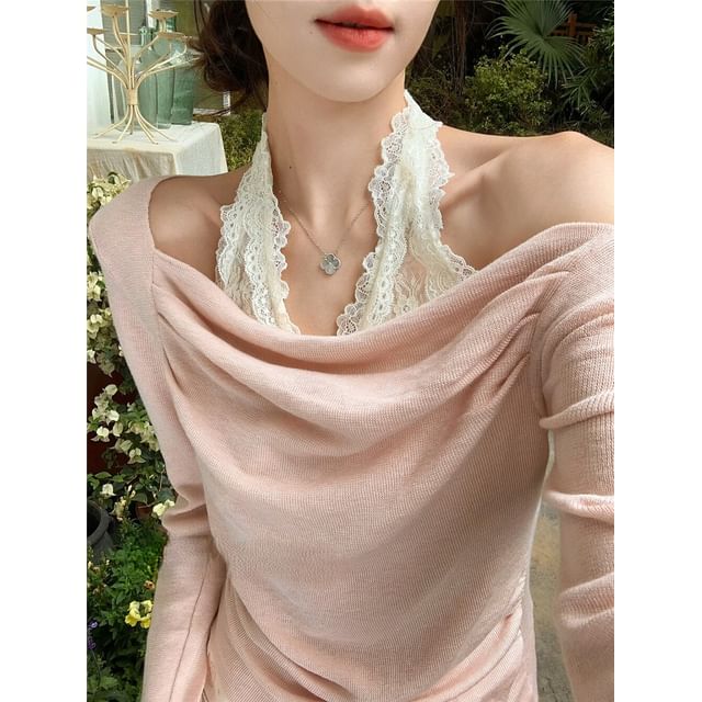 Cold Shoulder Ruched Two-Piece Lace Knit Top