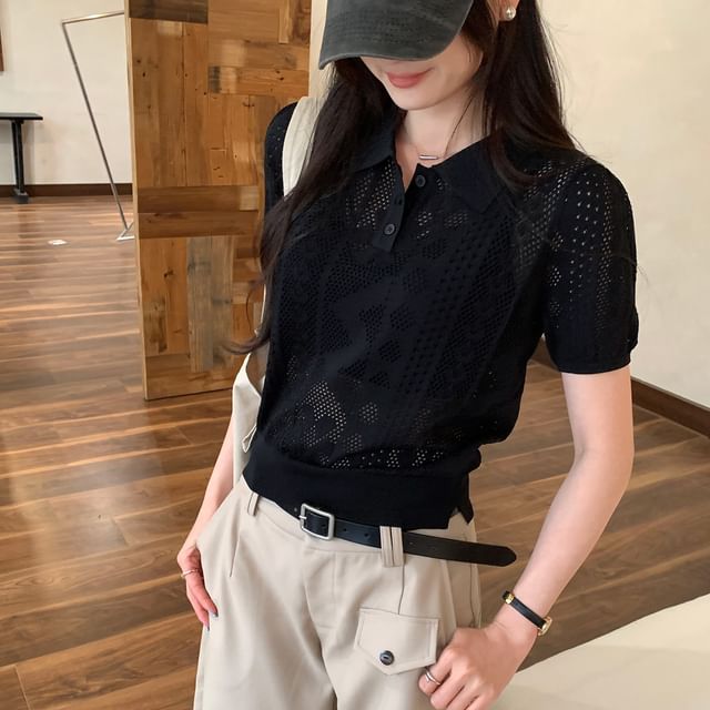 Pointelle Knit Polo Top with Short Sleeves