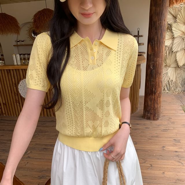 Pointelle Knit Polo Top with Short Sleeves