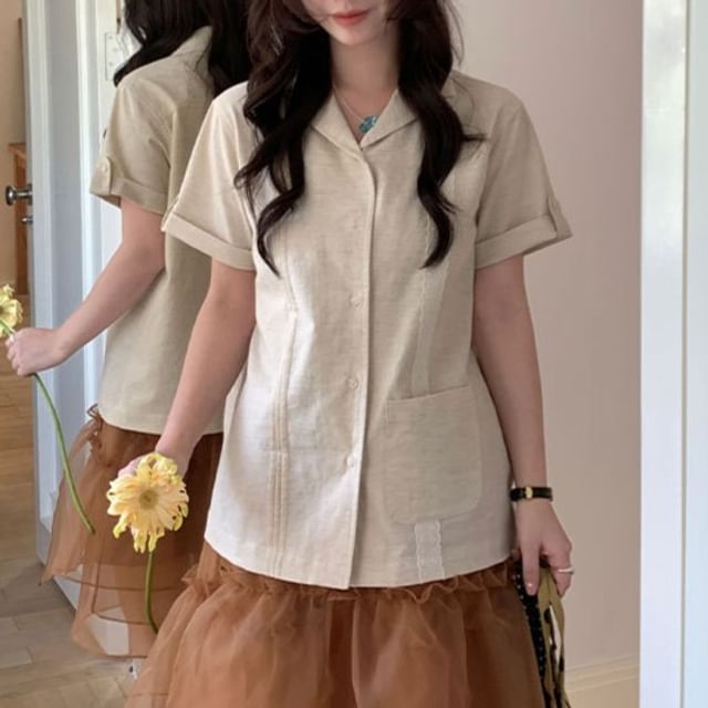 Lapel Collar Lace Pintuck Button-Up Blouse Short Sleeve