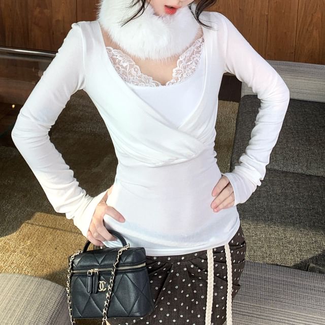 V-Neck Lace Camisole & Ruched Slim Tee