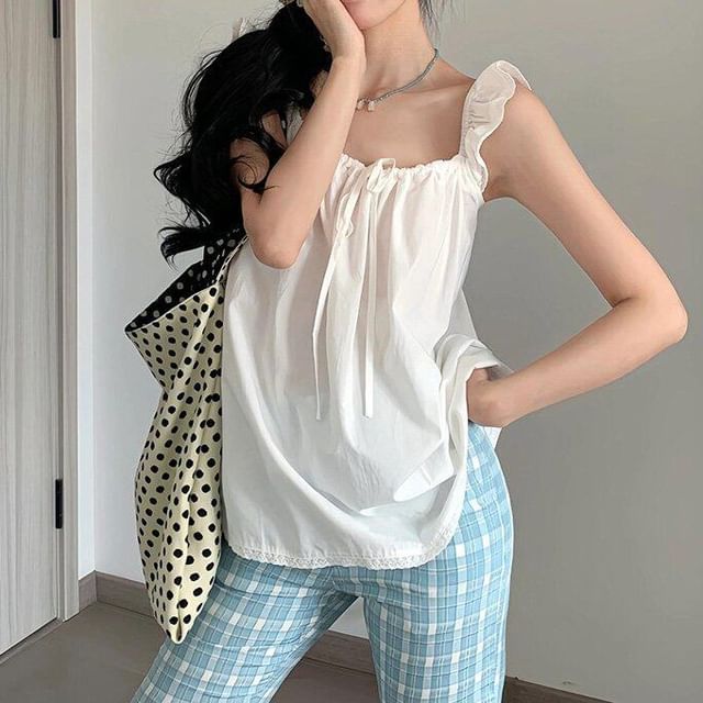 Ruffle Drawstring Cami with High-Waist Plaid Flared Pants