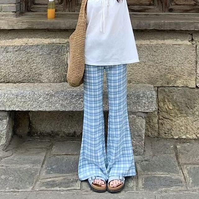 Ruffle Drawstring Cami with High-Waist Plaid Flared Pants