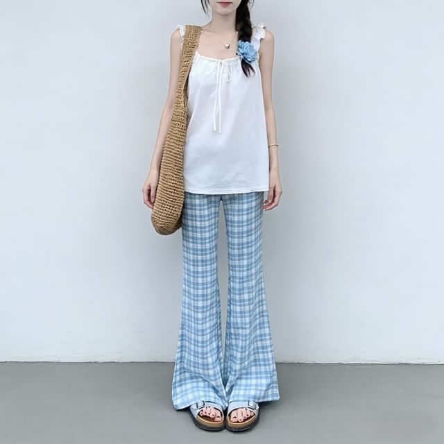 Ruffle Drawstring Cami with High-Waist Plaid Flared Pants