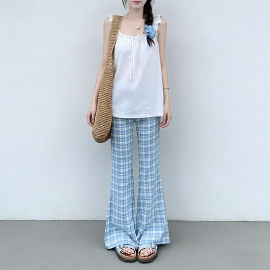 Ruffle Drawstring Cami with High-Waist Plaid Flared Pants