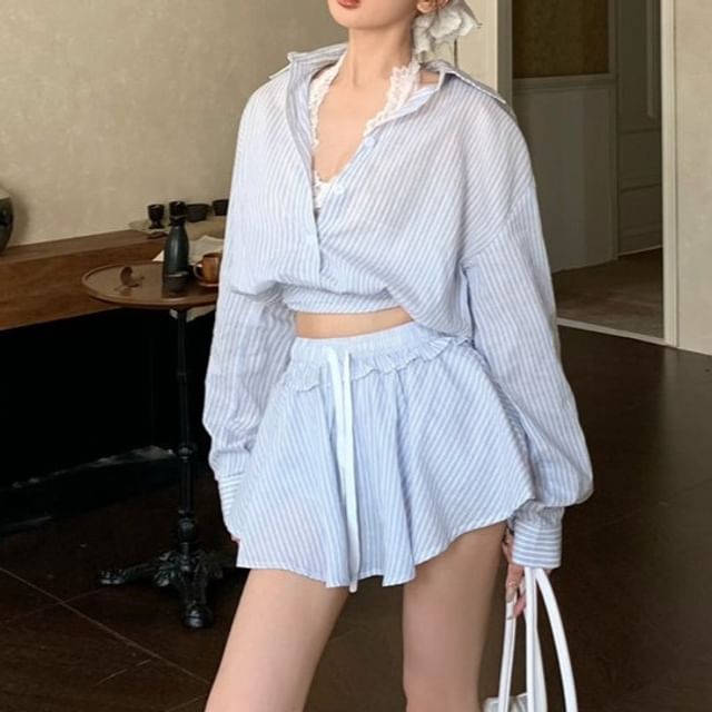 Striped Crop Shirt, A-Line Skirt & Lace Top Set